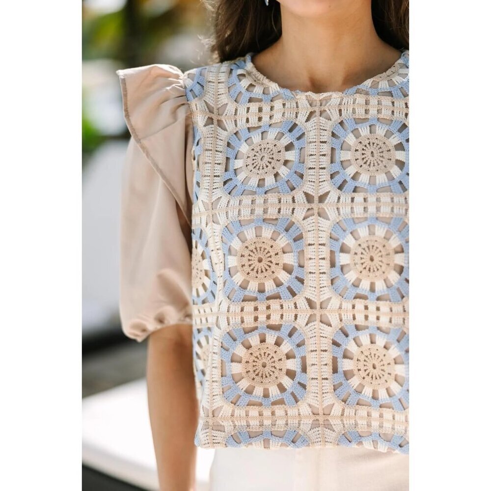 Women Crochet Crop Top Summer Floral Eyelet Ruffle Sleeve Casual Boho - Picture 4 of 5